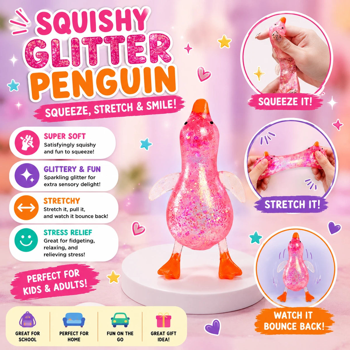 Cute Duck Squishy Sugar Stress Ball - Soft Duck Stress Relief Sugar Ball Toys and Moldable Slow Rise Relaxing Sensory Fidget Stress for Anxiety Relief(Pink)