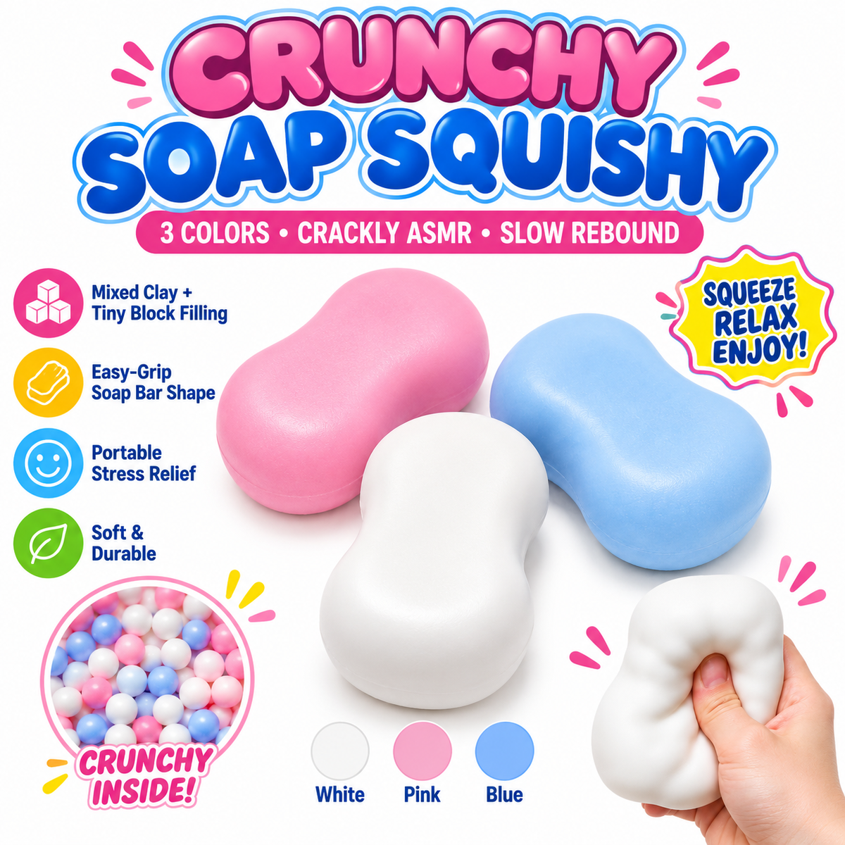 Crunchy Soap Squishy ASMR Toy - Soft Squeeze Fidget Toy with Satisfying Crunchy Texture - Soap Shaped Stress Relief Toy with Gift Box - Fun Novelty Gift for Kids Teens Adults (Pink)
