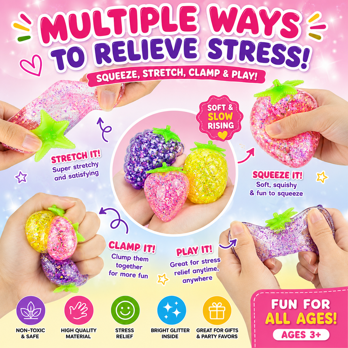 3pc Fruit Squishy Stress Balls - Glitter Squishies Fruit Squishy Pack - Pineapple - Strawberry - Grapes Cute Sensory Fruit Squishies Toys for Birthday Gifts - Ideal for Relax, Focus - Party Favors