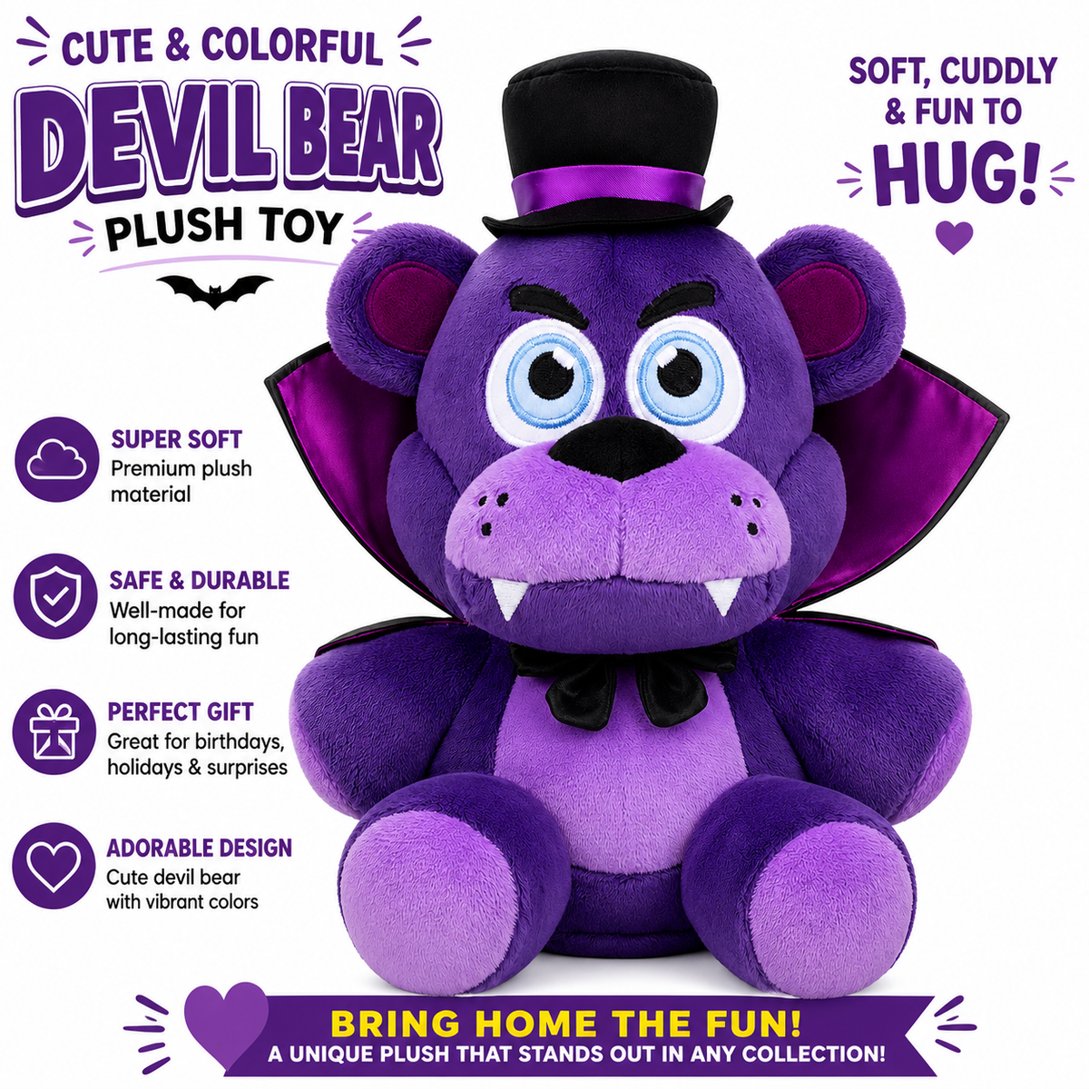 Purple Devil Bear Plush Toy – Cute Vampire Stuffed Animal with Top Hat & Cape