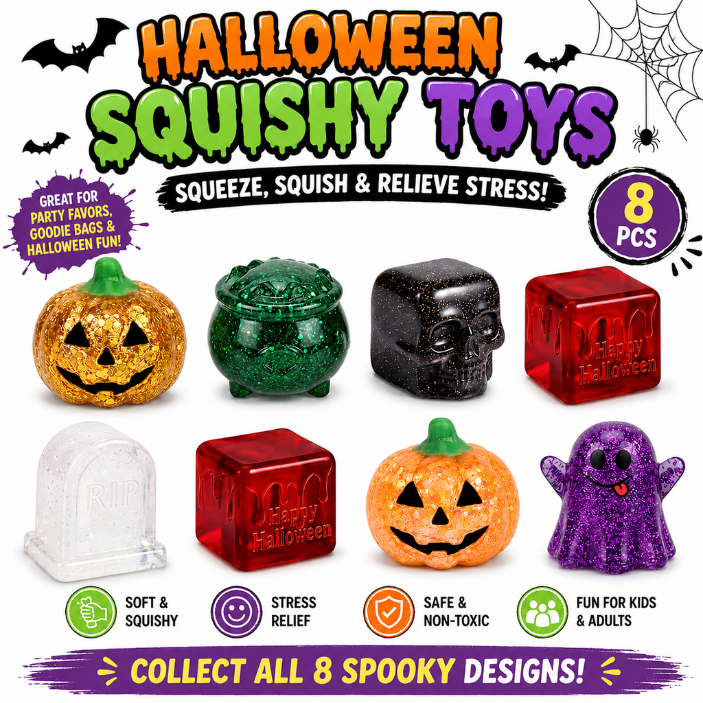 8pcs Halloween Squishy Toys,Stress Balls for Kids Stress Relief Halloween Party Favors-Trick or Treats Classroom Prizes Goodie Bag Fillers