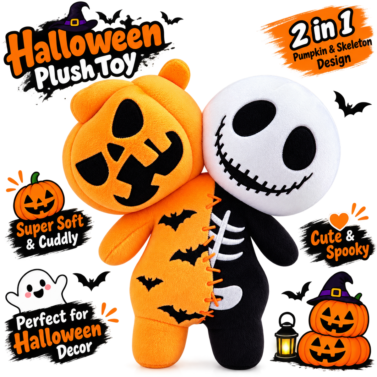 Reversible Halloween Plush 9.8 Inch Pumpkin & Skeleton Dual Head Black