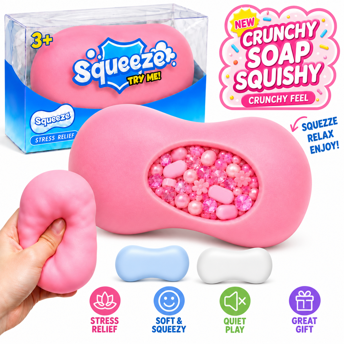 Crunchy Soap Squishy ASMR Toy - Soft Squeeze Fidget Toy with Satisfying Crunchy Texture - Soap Shaped Stress Relief Toy with Gift Box - Fun Novelty Gift for Kids Teens Adults (Pink)
