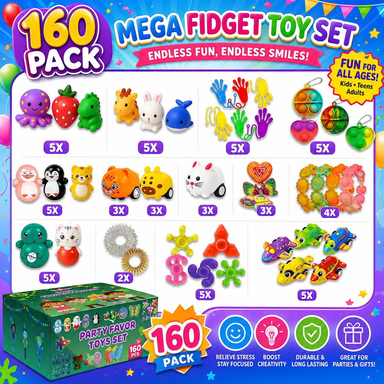 160 Pcs Fidget Toys Party Favors Pack - Randomly Selected Pop Sensory Set Gifts Stickers for Kids Adults Boy Girl Stocking Stuffers Autistic Bulk Goodie Bag Filler Treasure Box Classroom Prizes School