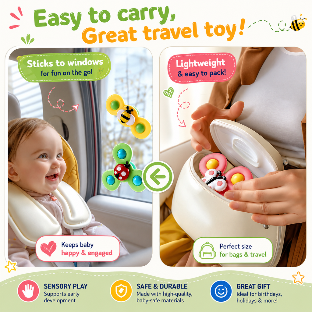 3PCS Suction Cup Spinner Toys for 1 Year Old Boy Girl - Top 12 18 Months - 1 2 Year Old Boy Birthday Gift - Baby Bath Toy for Kids Ages 1-3 - Sensory Airplane Travel Toy for Infant Toddlers