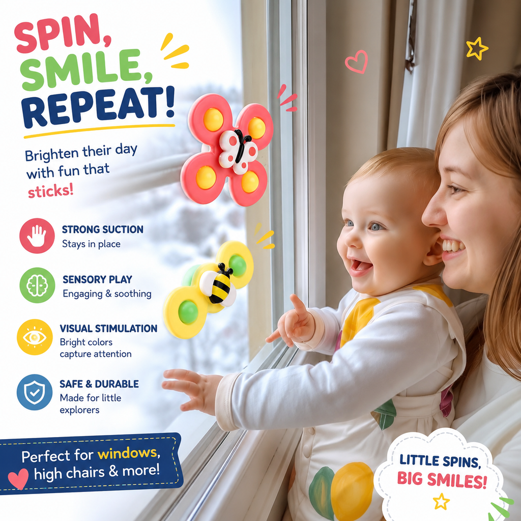 3PCS Suction Cup Spinner Toys for 1 Year Old Boy Girl - Top 12 18 Months - 1 2 Year Old Boy Birthday Gift - Baby Bath Toy for Kids Ages 1-3 - Sensory Airplane Travel Toy for Infant Toddlers