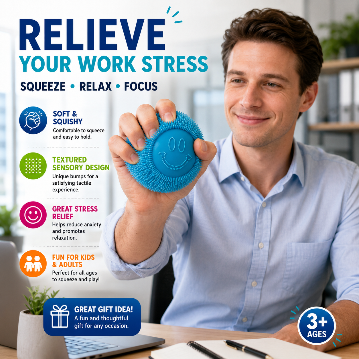 Fuzz Ball Squishy Stress Ball Slow Rising Memory Foam Fidget Squishy Fuzz Balls Adults Anxiety Stress Relief Toys (Blue)