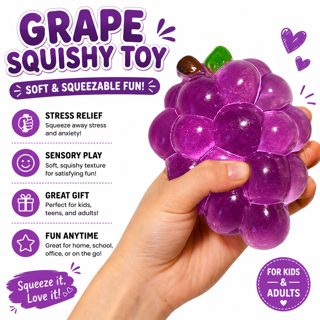 Crystal Grape Squishies Toy - Crystal Grape Squishies Stress Ball - Soft Fruit Squeeze Toy - Anxiety Relief Fidget Toy for Adults - Stress Toy for Desk Decor & Gift (Purple)
