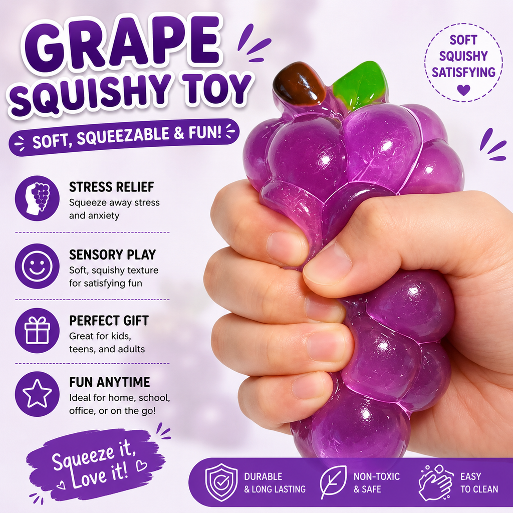 Crystal Grape Squishies Toy - Crystal Grape Squishies Stress Ball - Soft Fruit Squeeze Toy - Anxiety Relief Fidget Toy for Adults - Stress Toy for Desk Decor & Gift (Purple)