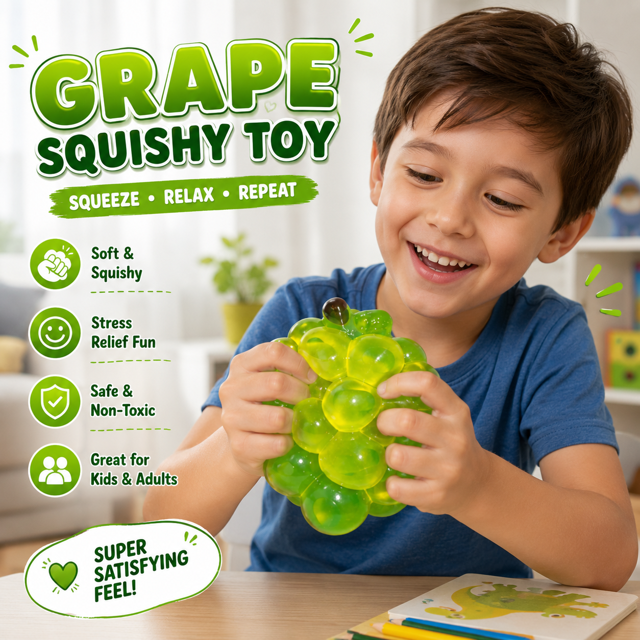 Crystal Grape Squishies Toy - Crystal Grape Squishies Stress Ball - Soft Fruit Squeeze Toy - Anxiety Relief Fidget Toy for Adults - Stress Toy for Desk Decor & Gift (Green)