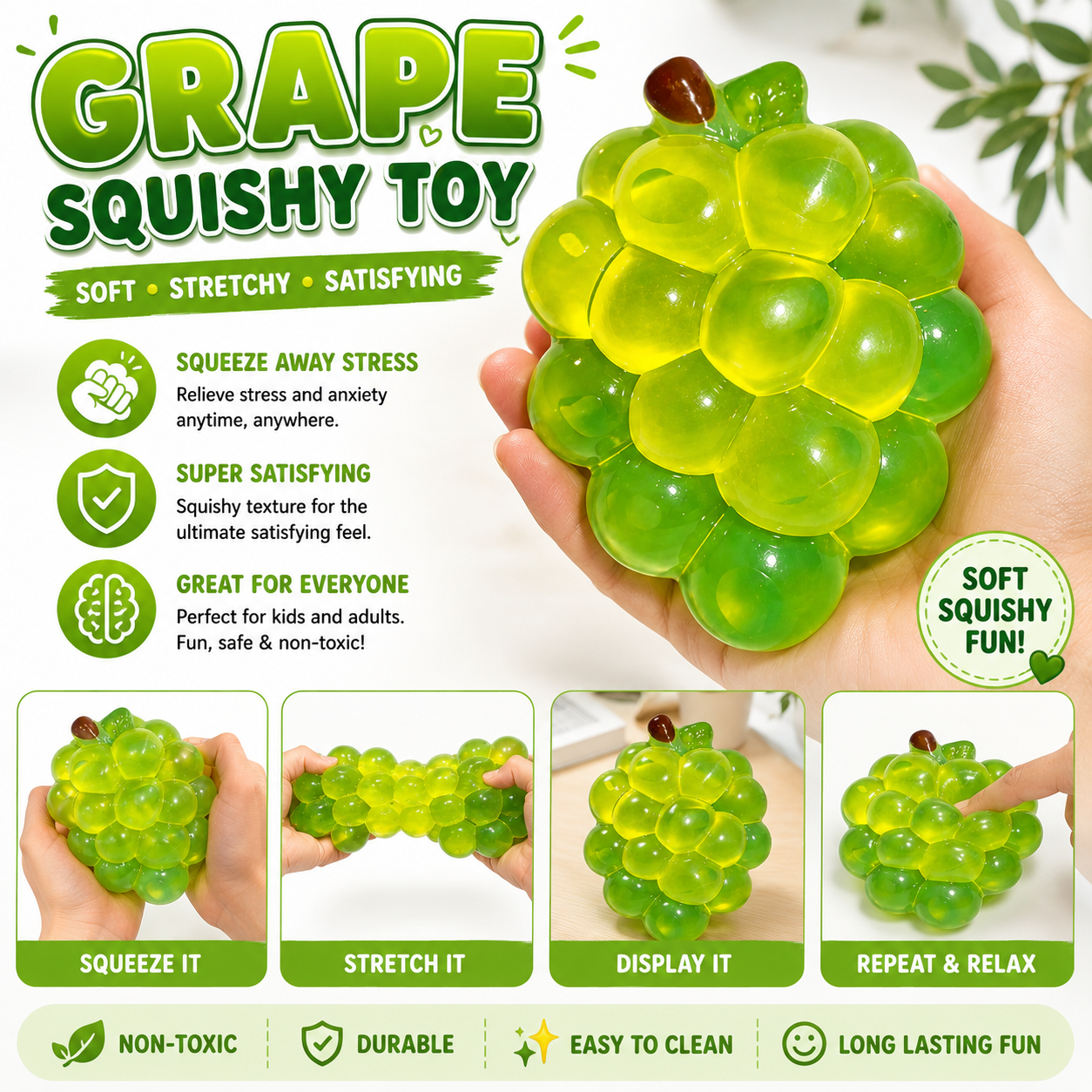 Crystal Grape Squishies Toy - Crystal Grape Squishies Stress Ball - Soft Fruit Squeeze Toy - Anxiety Relief Fidget Toy for Adults - Stress Toy for Desk Decor & Gift (Green)