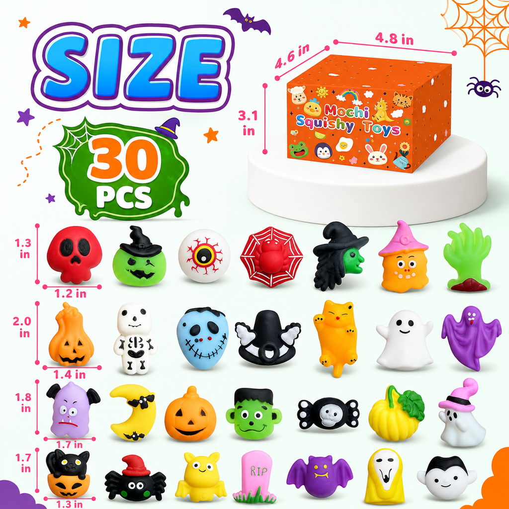 30 Pcs Halloween Mochi Squishy Toy for Kids, Party Favors Non Candy Treats