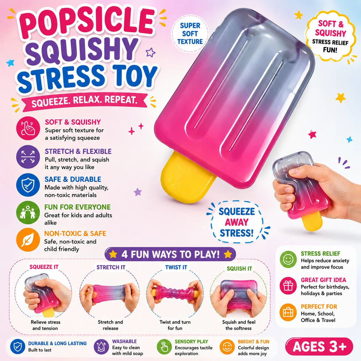 Ice Cream Squeeze Squishy - Summer Sensory Stress Relief Squeeze Squishy - Soft Sensory Fidget Toy for Stress & Anxiety Relief - Birthday Gift & Classroom Rewards