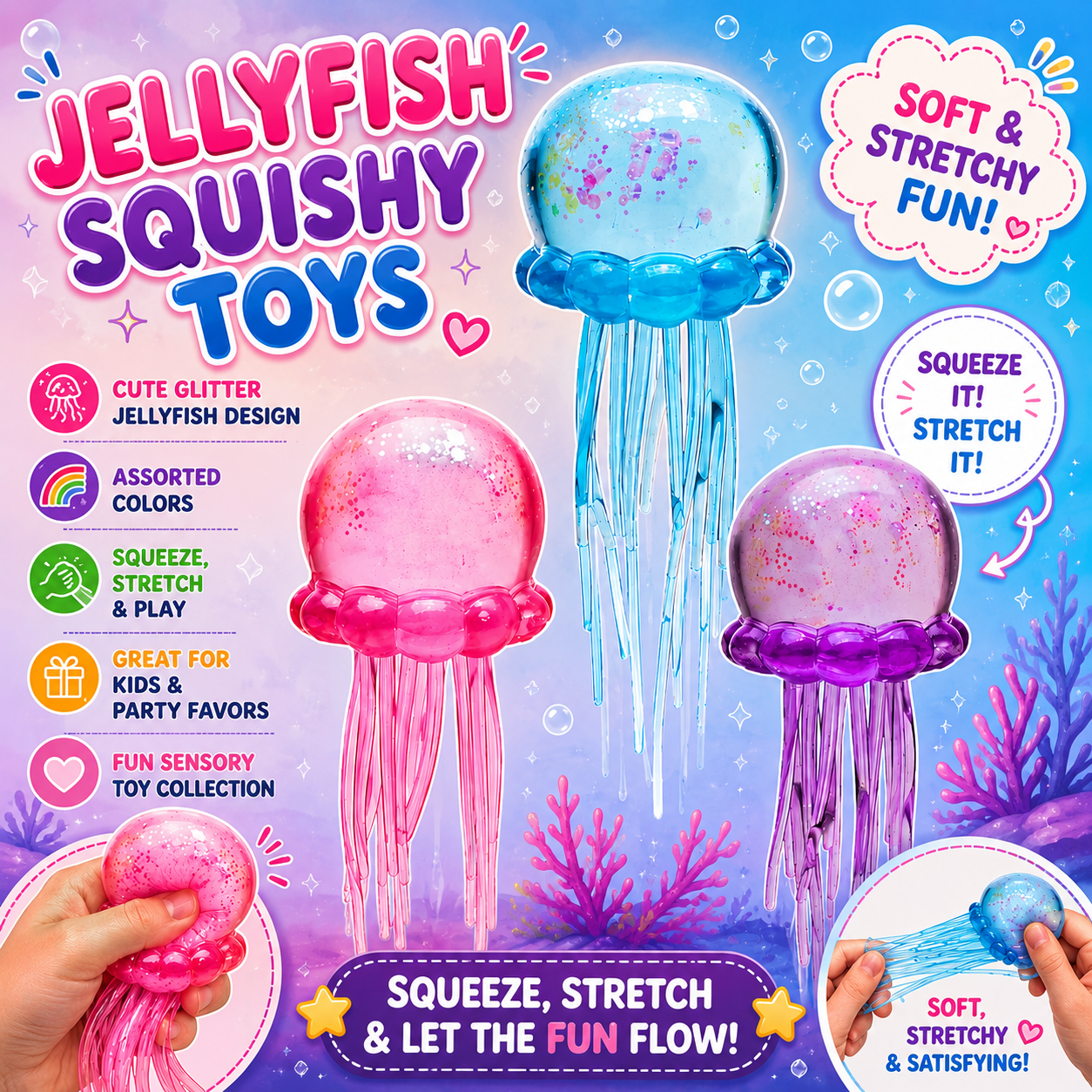Jellyfish Squishy - Jellyfish Squeeze Slow Rise Sensory Water Animal Stress Ball Relief Fidget Toy for Kids & Adults Party Favors (3pcs)