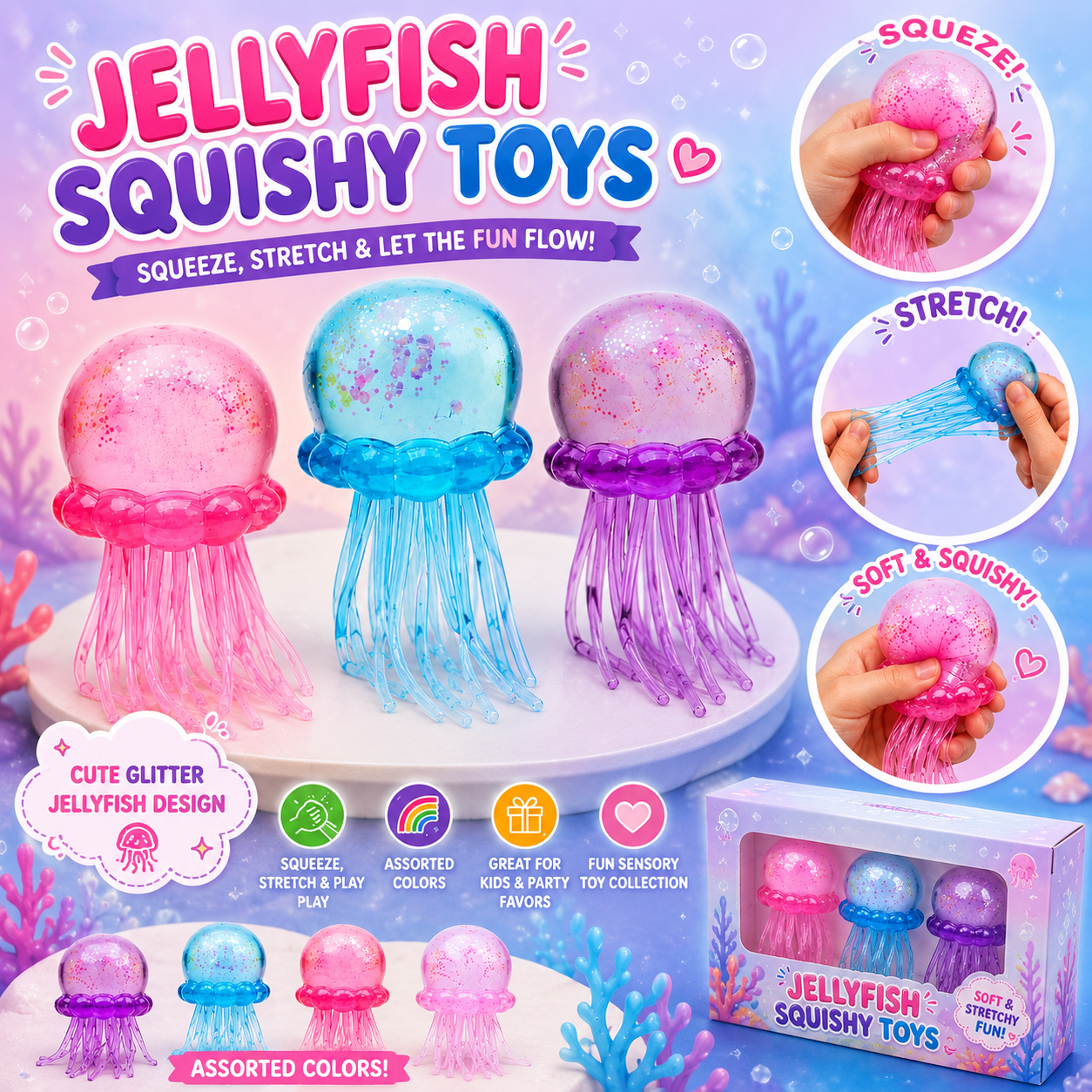 Jellyfish Squishy - Jellyfish Squeeze Slow Rise Sensory Water Animal Stress Ball Relief Fidget Toy for Kids & Adults Party Favors (3pcs)