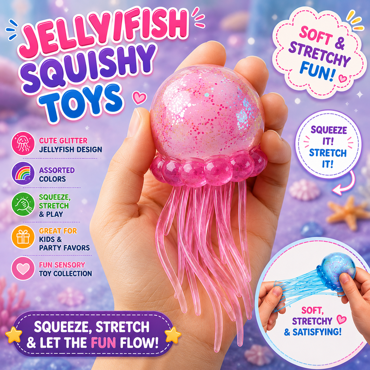 Jellyfish Squishy - Jellyfish Squeeze Slow Rise Sensory Water Animal Stress Ball Relief Fidget Toy for Kids & Adults Party Favors (3pcs)