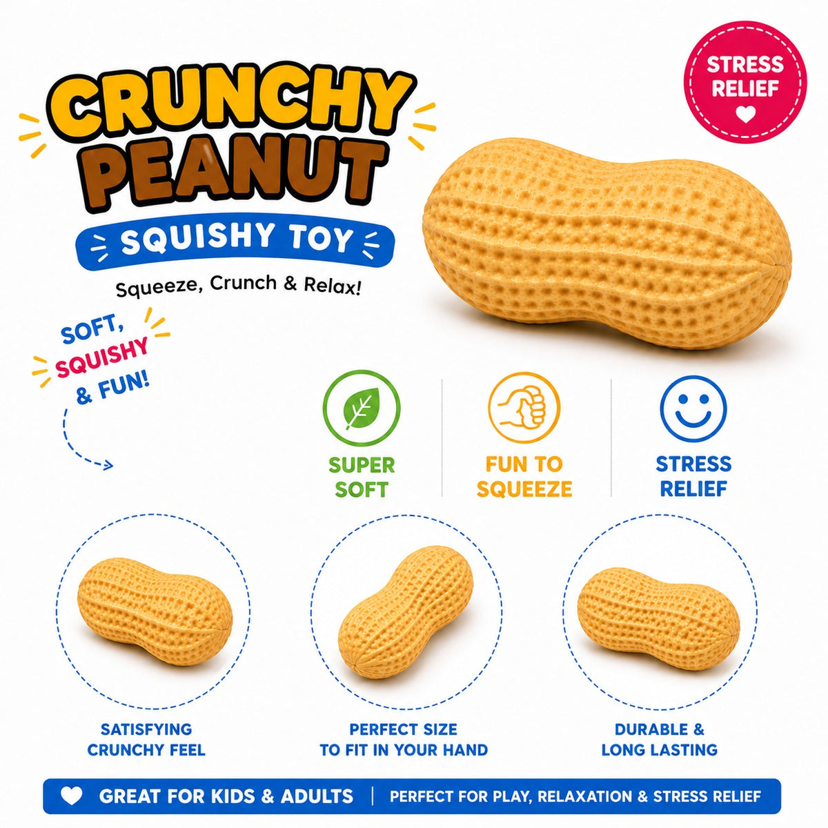 Crunchy Peanut Squishy Toys - Squeeze Fidget Toys for Stress Anxiety Relief