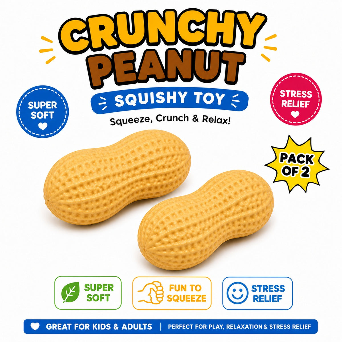 Crunchy Peanut Squishy Toys - Squeeze Fidget Toys for Stress Anxiety Relief