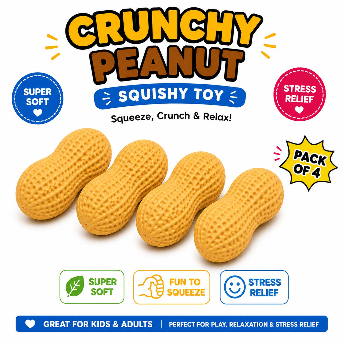 Crunchy Peanut Squishy Toys - Squeeze Fidget Toys for Stress Anxiety Relief