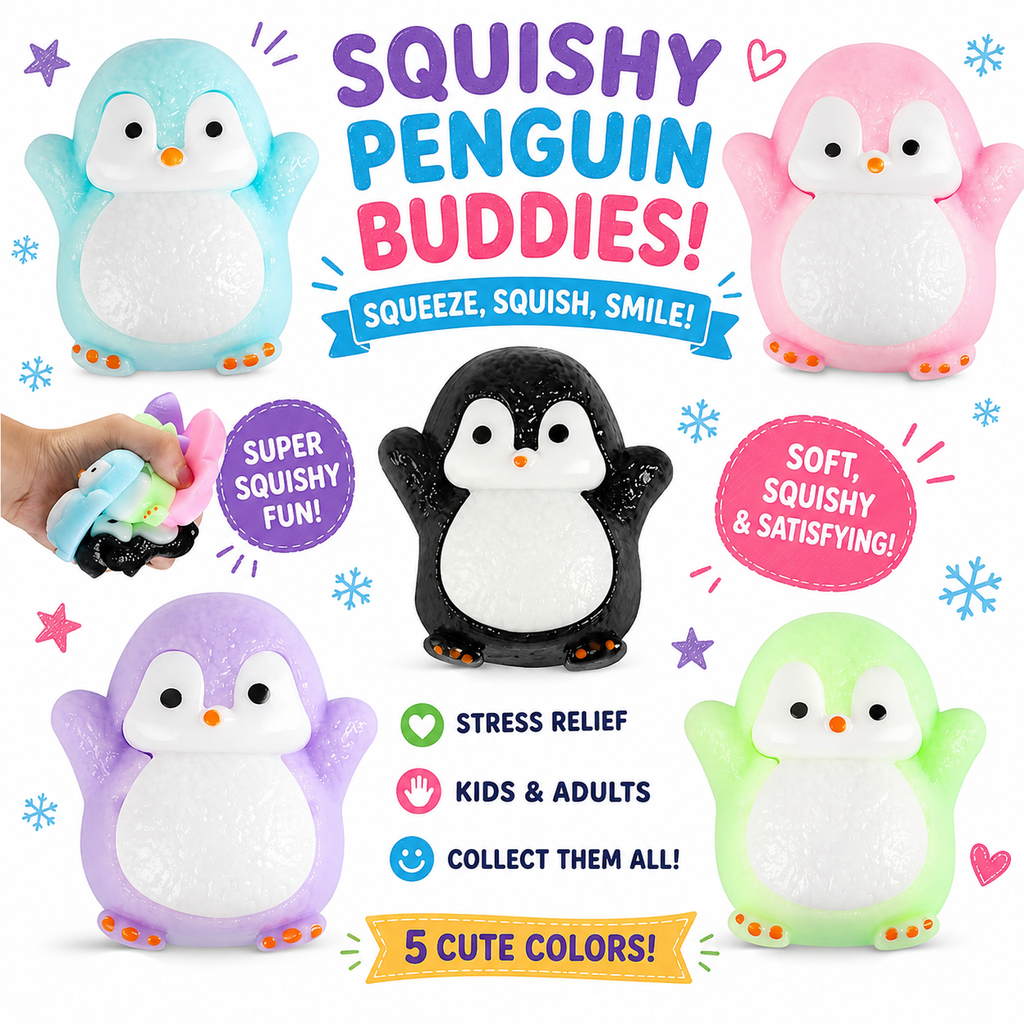 Cute Penguin Taba Squishy Toys - Kawaii Stress Relief Fidget Sensory Toys - Soft Silicone Squeeze Gifts for Children - Teens - and Adults (5-Pack Black + Green + Pink +Purple+Blue)