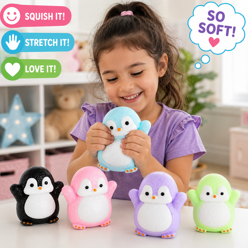 Cute Penguin Taba Squishy Toys - Kawaii Stress Relief Fidget Sensory Toys - Soft Silicone Squeeze Gifts for Children - Teens - and Adults (5-Pack Black + Green + Pink +Purple+Blue)