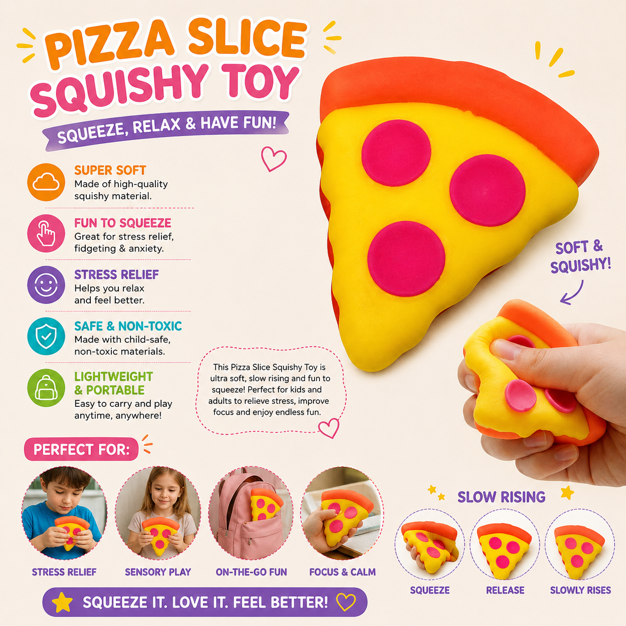Pizza Squeeze Stress Toy - Assorted Colors - Slow Rising Pizza Squeeze Toy - High-Elastic Stretch Fidget Toy - Slow Rebound Desk Decor - Non-Tacky Easy Clean Stress Ball for Office Home