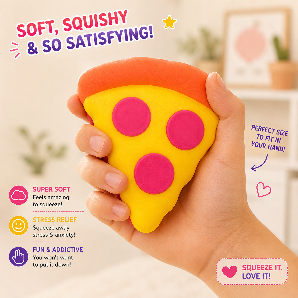 Pizza Squeeze Stress Toy - Assorted Colors - Slow Rising Pizza Squeeze Toy - High-Elastic Stretch Fidget Toy - Slow Rebound Desk Decor - Non-Tacky Easy Clean Stress Ball for Office Home