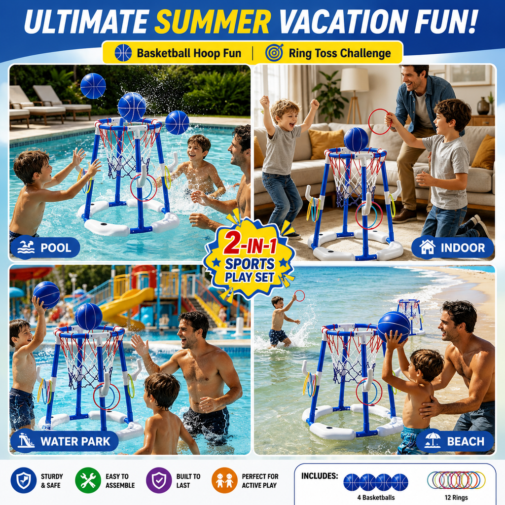 Pool Basketball Hoop with 4 Balls & 12 Rings - 2-in-1 Floating Pool Toys for Kids Adults - Water Game for Indoor Outdoor Swimming Backyard Party - Portable Summer Gifts for Boys Girls Ages 8-12 - Blue