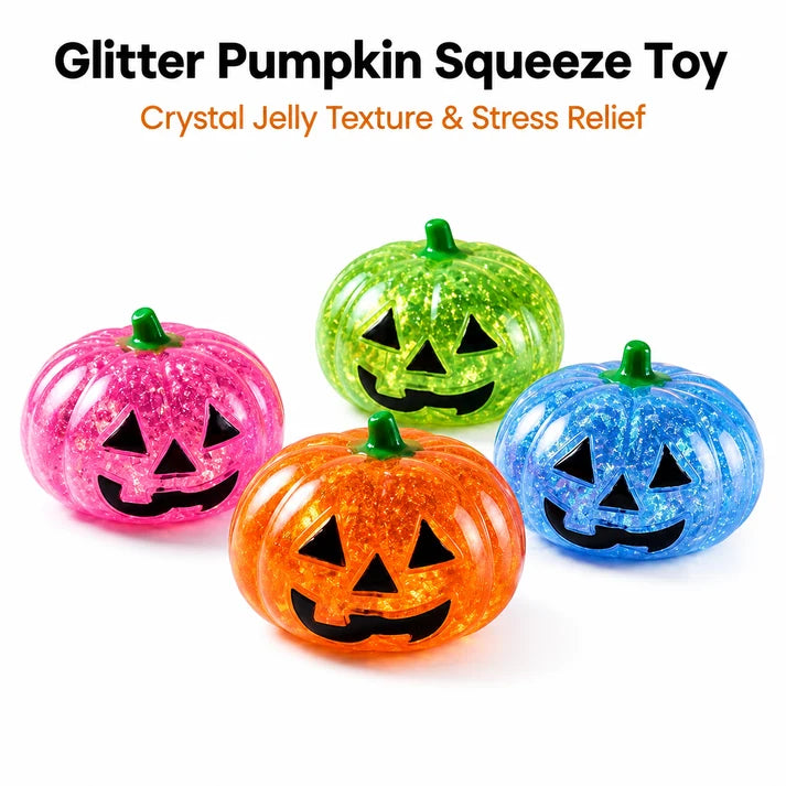 Cute Halloween Glitter Pumpkin Squeeze Toy - Assorted Colors - Soft TPR Squishy Fidget Stress Ball - Halloween Decor Gift for Adults