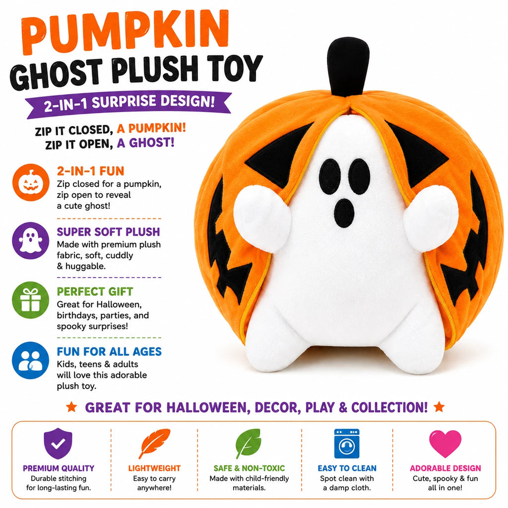 Halloween Pumpkin Ghost Plush Toy with Zipper – Cute Jack-o’-Lantern Ghost Pillow Decoration – Soft and Cuddly for Boys and Girls Plush Toy