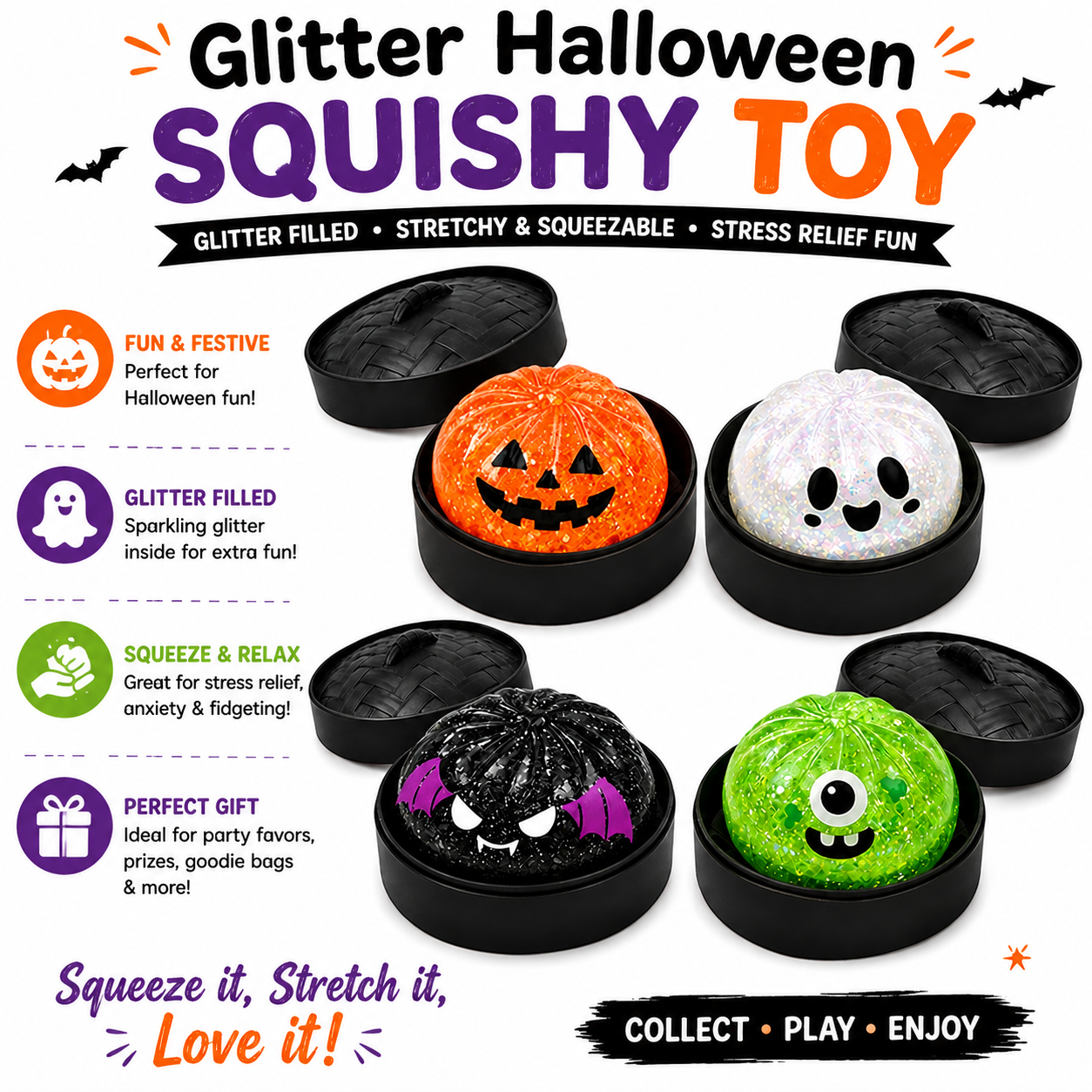 Halloween Ghost Dumpling Squishy - Silent Sensory Monster Squishies with Steamer Box - Stretchy Desk Toy for Kids Halloween Trick Or Treat Favors Black