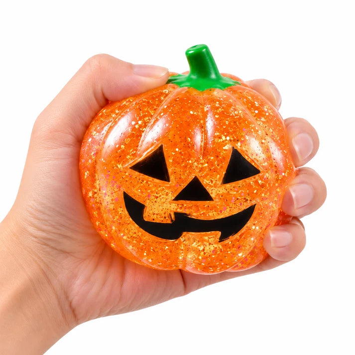Cute Halloween Glitter Pumpkin Squeeze Toy - Assorted Colors - Soft TPR Squishy Fidget Stress Ball - Halloween Decor Gift for Adults