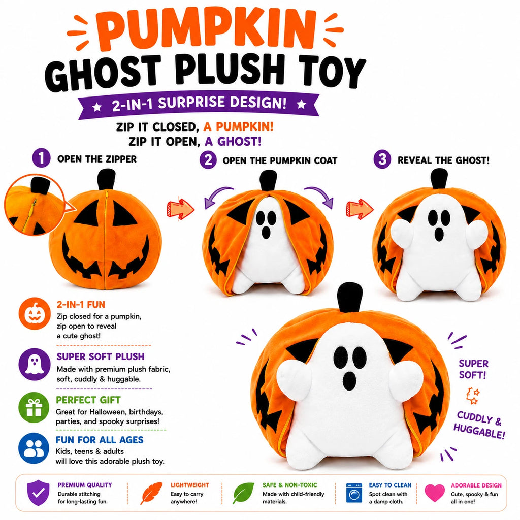 Halloween Pumpkin Ghost Plush Toy with Zipper – Cute Jack-o’-Lantern Ghost Pillow Decoration – Soft and Cuddly for Boys and Girls Plush Toy