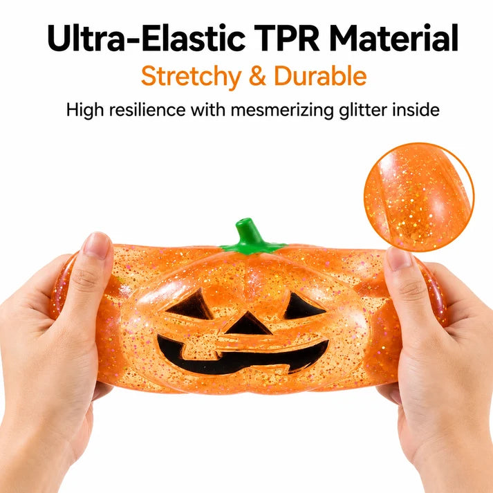 Cute Halloween Glitter Pumpkin Squeeze Toy - Assorted Colors - Soft TPR Squishy Fidget Stress Ball - Halloween Decor Gift for Adults