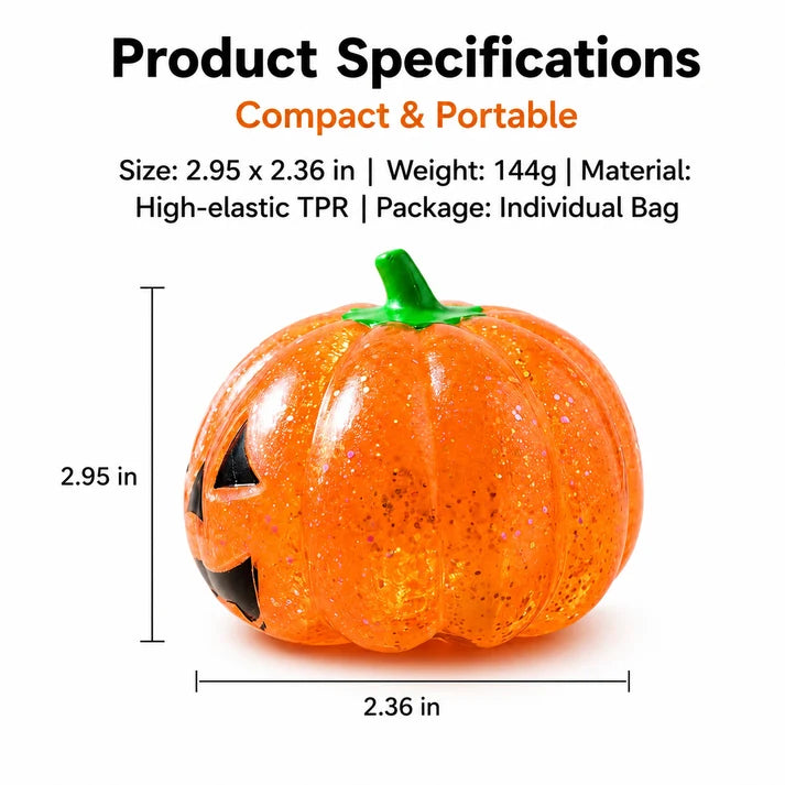 Cute Halloween Glitter Pumpkin Squeeze Toy - Assorted Colors - Soft TPR Squishy Fidget Stress Ball - Halloween Decor Gift for Adults
