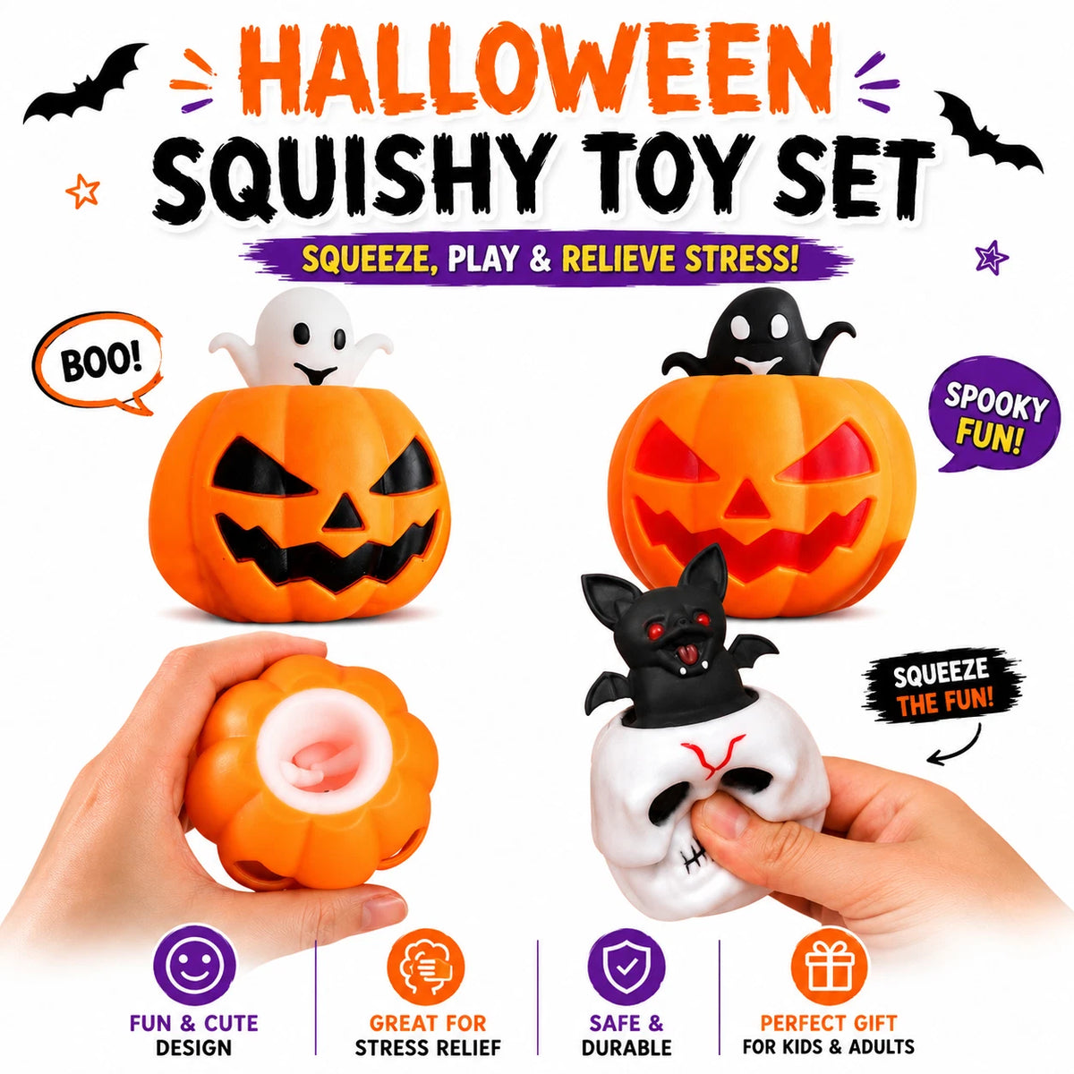 Halloween Squeeze Toys Pumpkin Squeeze Cup Toys Evil Pumpkin Design Ghost Skull Bat Squishy Toys Fidget Toys for Adults Stress Anxiety Relief Halloween Party Office Decorations Gifts 3Pcs