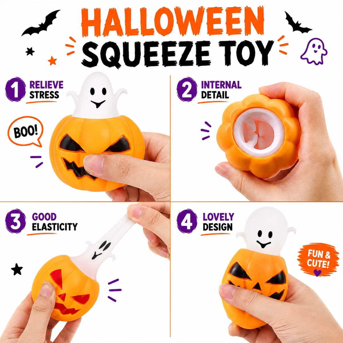 Halloween Squeeze Toys Pumpkin Squeeze Cup Toys Evil Pumpkin Design Ghost Skull Bat Squishy Toys Fidget Toys for Adults Stress Anxiety Relief Halloween Party Office Decorations Gifts 3Pcs