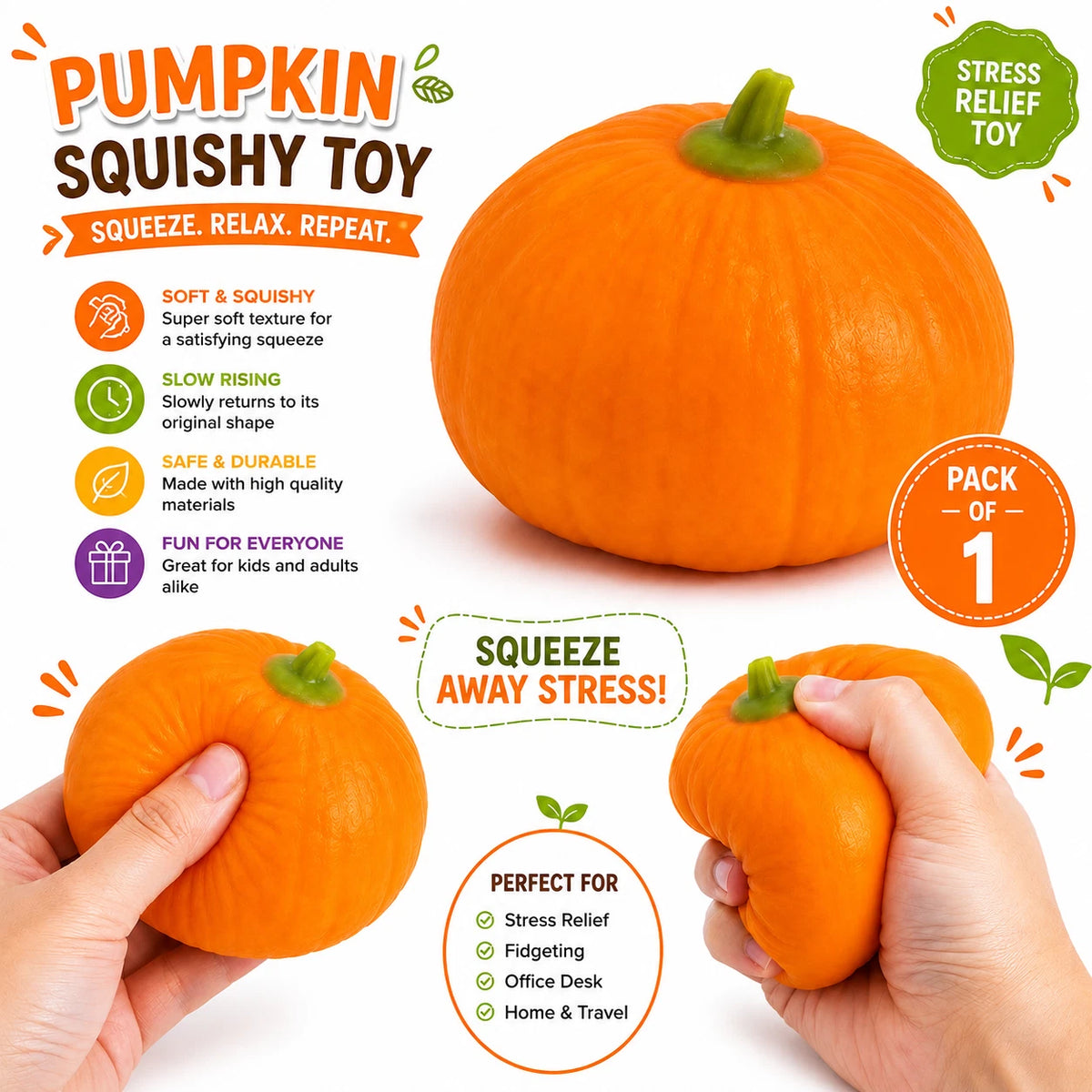 Pumpkin Squishy - Slow Rising Squishy Fidget Toys for Stress Anxiety Relief - Realistic Pumpkin Squeeze Toy for Thanksgiving Day, Party Favor Gift