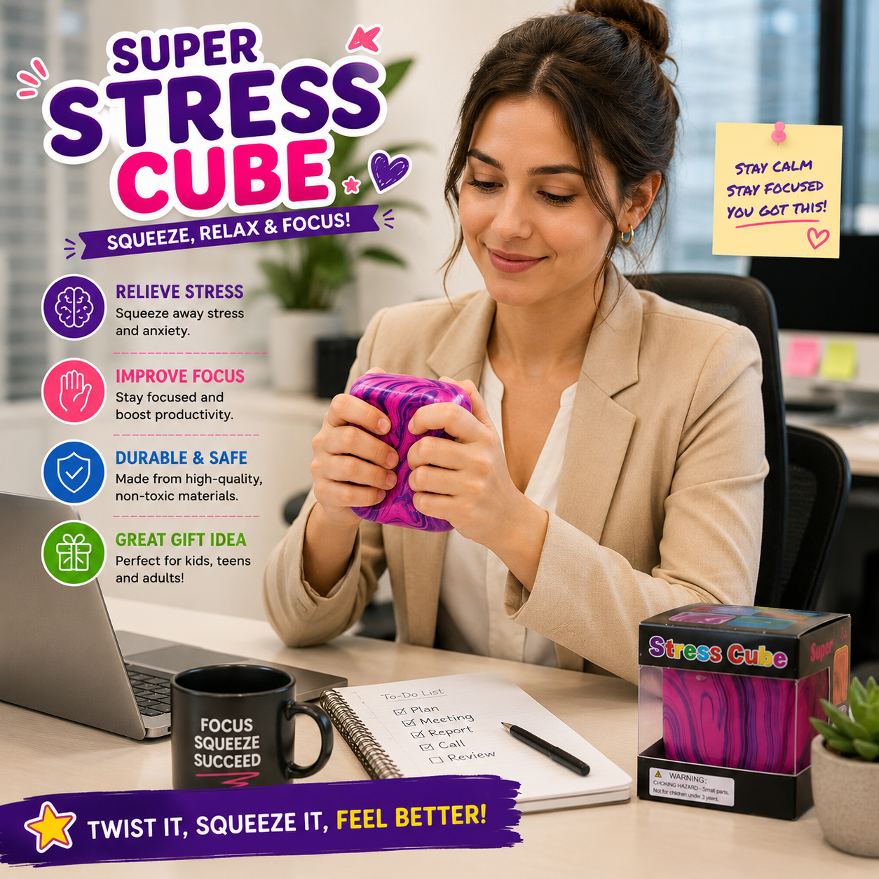 Swirl Stress Cube Squishy Toys - Slow Rebound Squishy Fidget Toy for Adults - Unique Swirling Color Mixing - Slow Rising Sensory Toys for Anxiety Stress Relief (Purple)