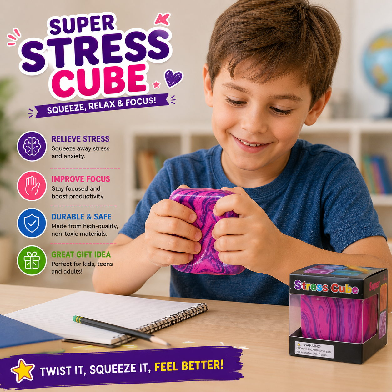 Swirl Stress Cube Squishy Toys - Slow Rebound Squishy Fidget Toy for Adults - Unique Swirling Color Mixing - Slow Rising Sensory Toys for Anxiety Stress Relief (Purple)