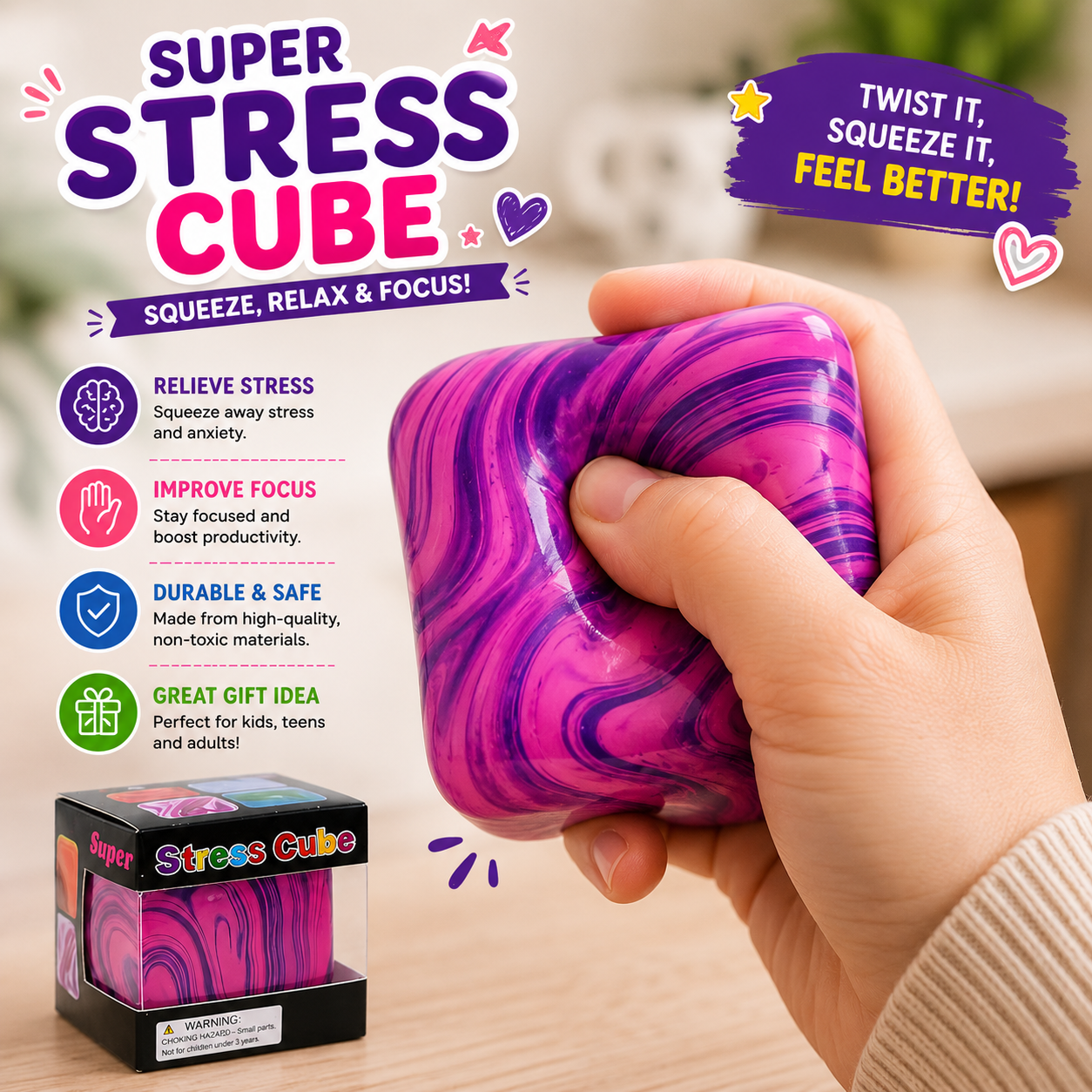 Swirl Stress Cube Squishy Toys - Slow Rebound Squishy Fidget Toy for Adults - Unique Swirling Color Mixing - Slow Rising Sensory Toys for Anxiety Stress Relief (Purple)
