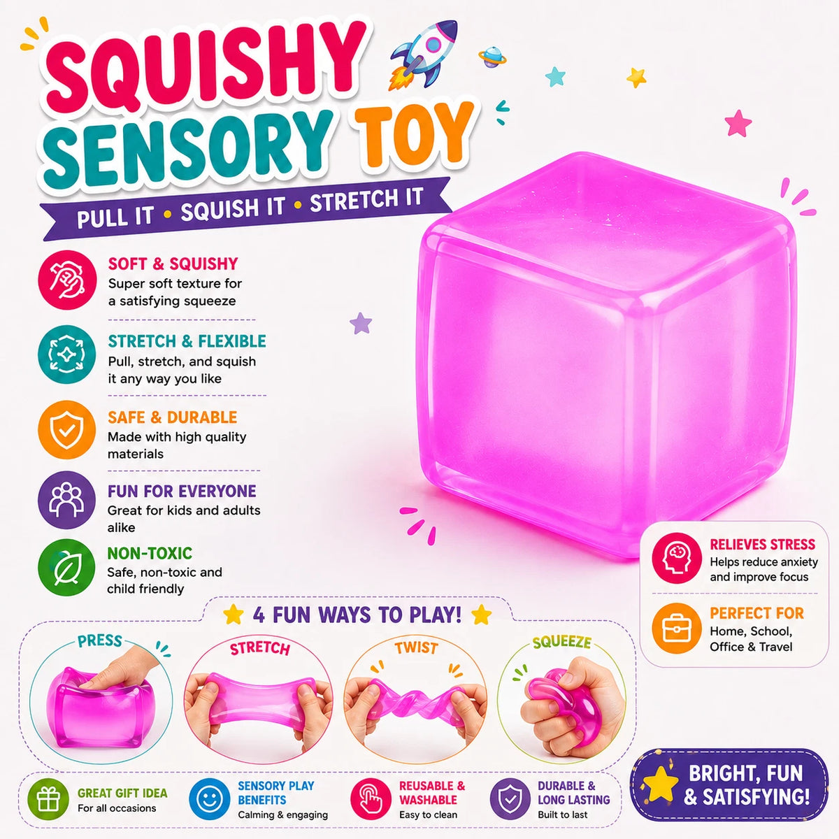 Cube Stress Ball – Sensory Toy - Soft Squeeze Fidget Toy for Stress Relief