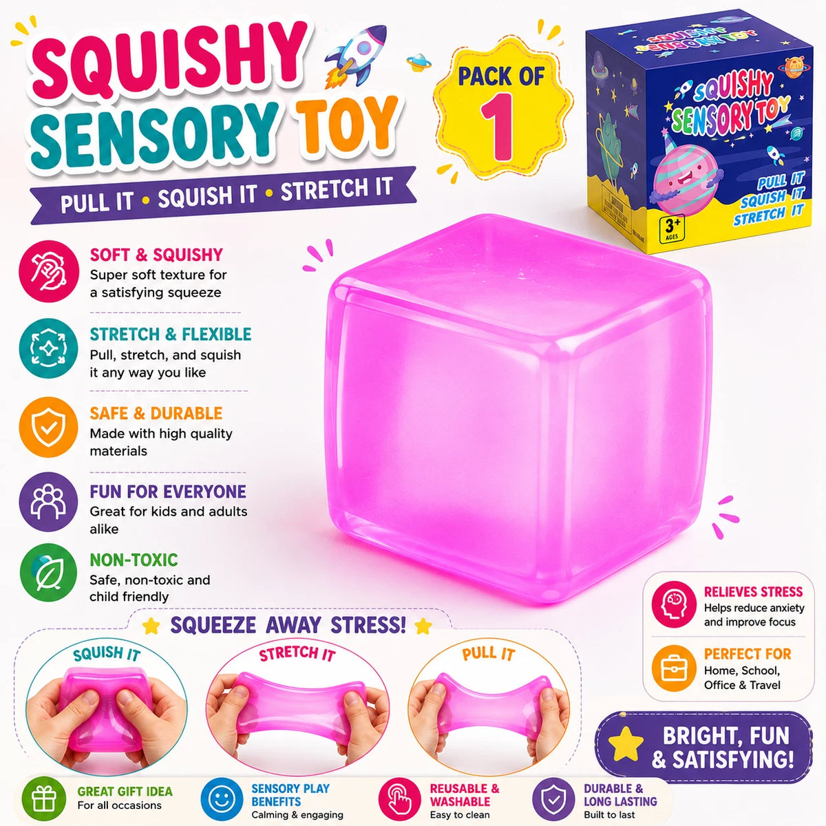 Cube Stress Ball – Sensory Toy - Soft Squeeze Fidget Toy for Stress Relief