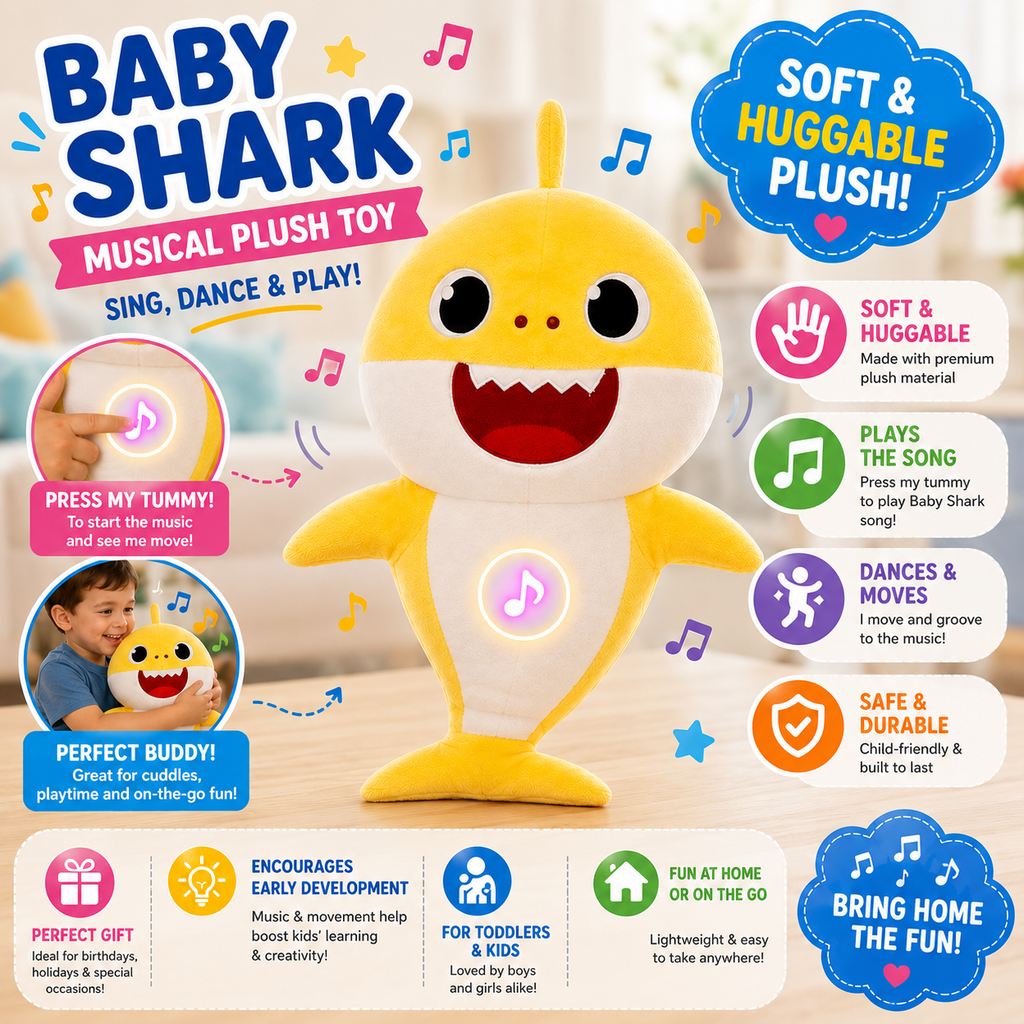 Adorable Shark Plush Toy - 11.8" Singing Stuffed Animal - Musical Interactive Toy for Toddlers & Kids - Perfect for Playtime & Naptime ﻿