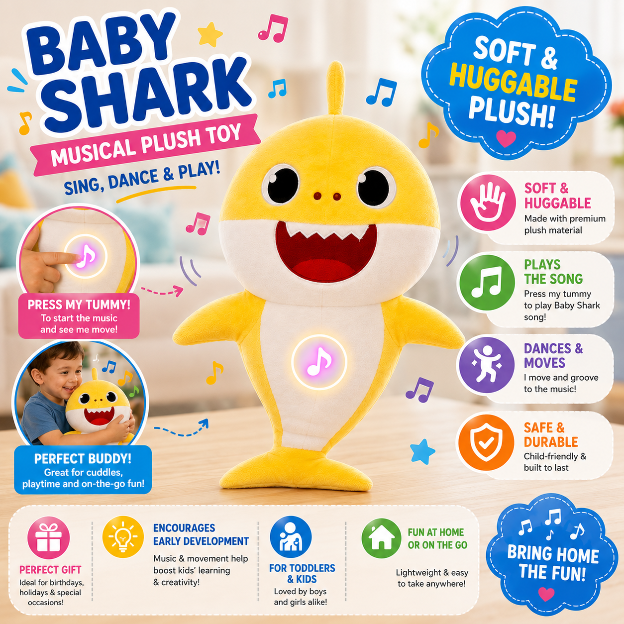 Adorable Shark Plush Toy - 11.8" Singing Stuffed Animal - Musical Interactive Toy for Toddlers & Kids - Perfect for Playtime & Naptime ﻿