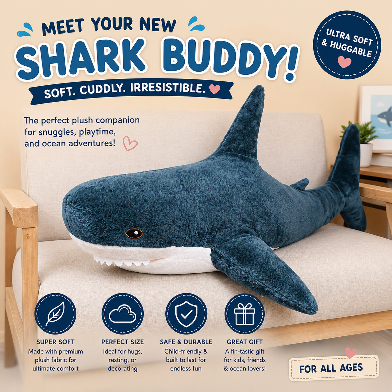 Shark Stuffed Animal Plush 11" Cute Shark Toy Plush Pillows Soft Cotton Sharks Plushies Ocean Sea Animal Doll Gifts for Boys Girls Kids Adults ( Navy Blue ）