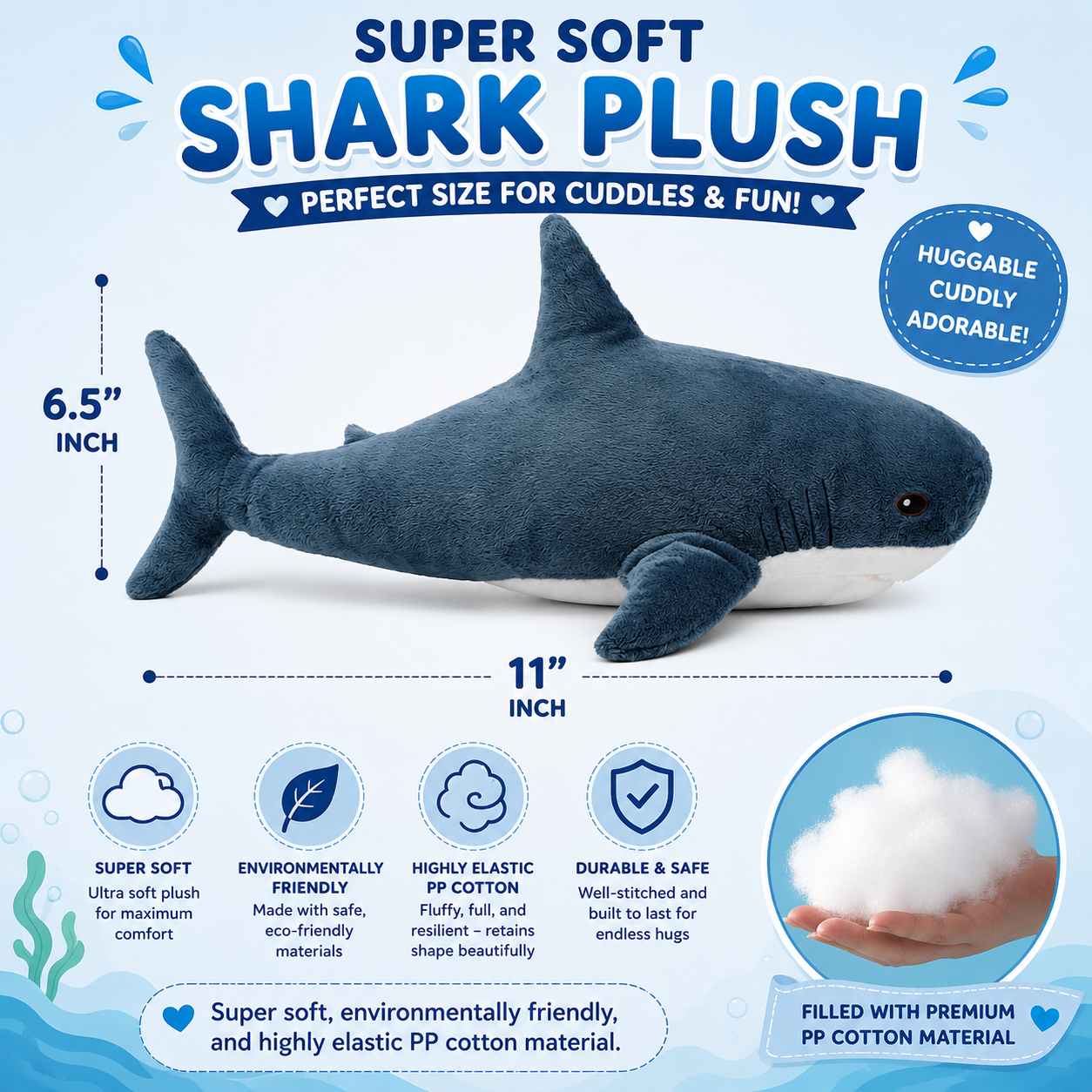 Shark Stuffed Animal Plush 11" Cute Shark Toy Plush Pillows Soft Cotton Sharks Plushies Ocean Sea Animal Doll Gifts for Boys Girls Kids Adults ( Navy Blue ）