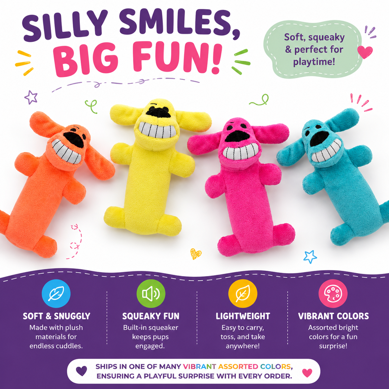Loofa Dog Plush Squeaky Toy – Extra Soft Stuffed Animal for All Dogs (6", Random Color Surprise)