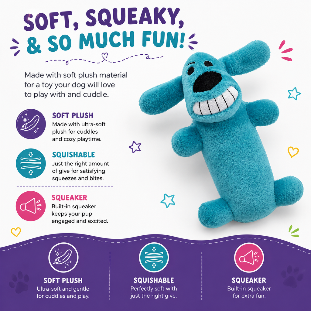 Loofa Dog Plush Squeaky Toy – Extra Soft Stuffed Animal for All Dogs (6", Random Color Surprise)