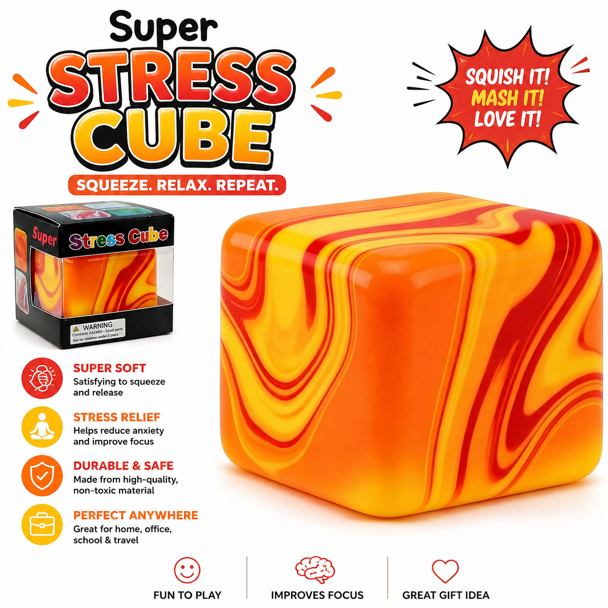 Swirl Stress Cube Squishy Toys - Slow Rebound Squishy Fidget Toy for Adults - Unique Swirling Color Mixing - Slow Rising Sensory Toys for Anxiety Stress Relief (Orange)
